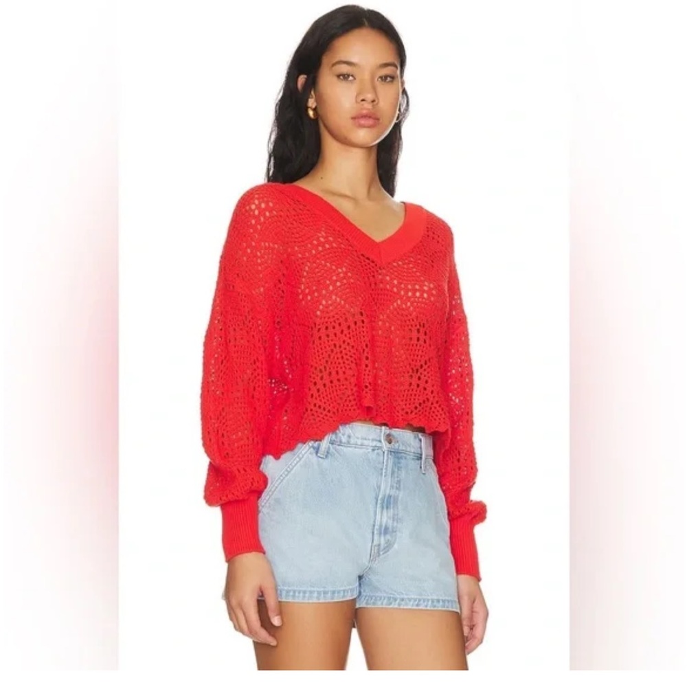Crochet Open-Knit Cropped Cotten V-Neck Sweater - 525 Brand- Size Small